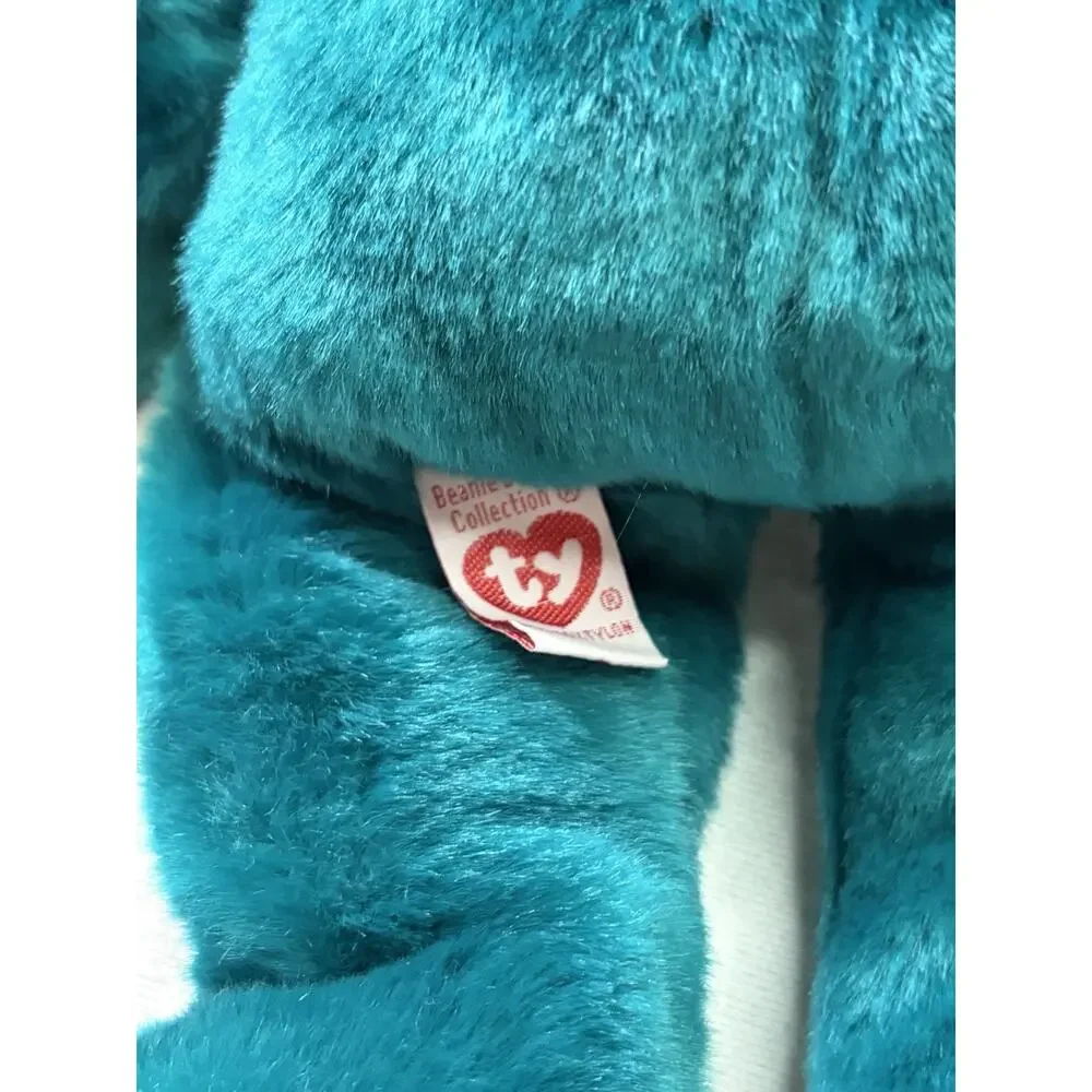 VTG Ty Beanie Buddies Teal Teddy Bear Blue Ribbon Plush 14” Stuffed Animal 1990